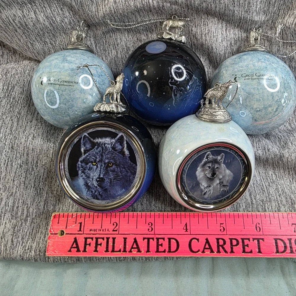 Bradford Editions Wolf Christmas Ornament Set of 5 Pewter Toppers 1997